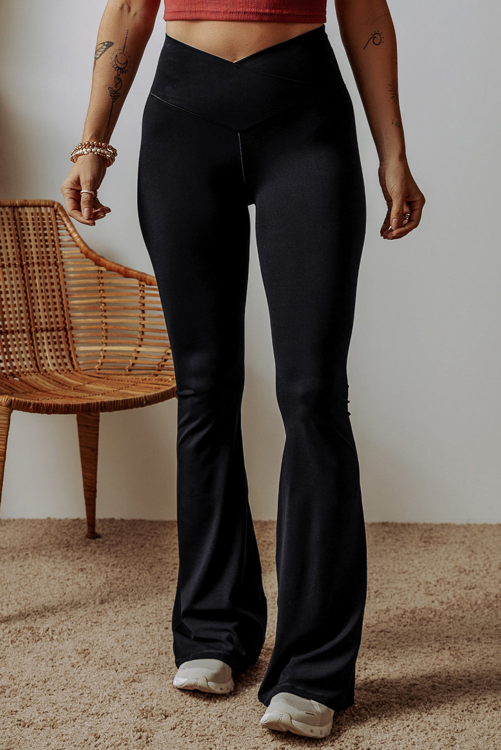 Black V Shape High Waist Flared Leggings  HannaBanna Clothing