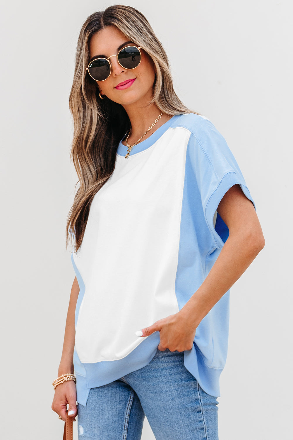 Light Green Color Block Exposed Seam Crew Neck T Shirt