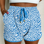 Blue Leopard Elastic Waist Lace up Contrast Trim Casual Shorts