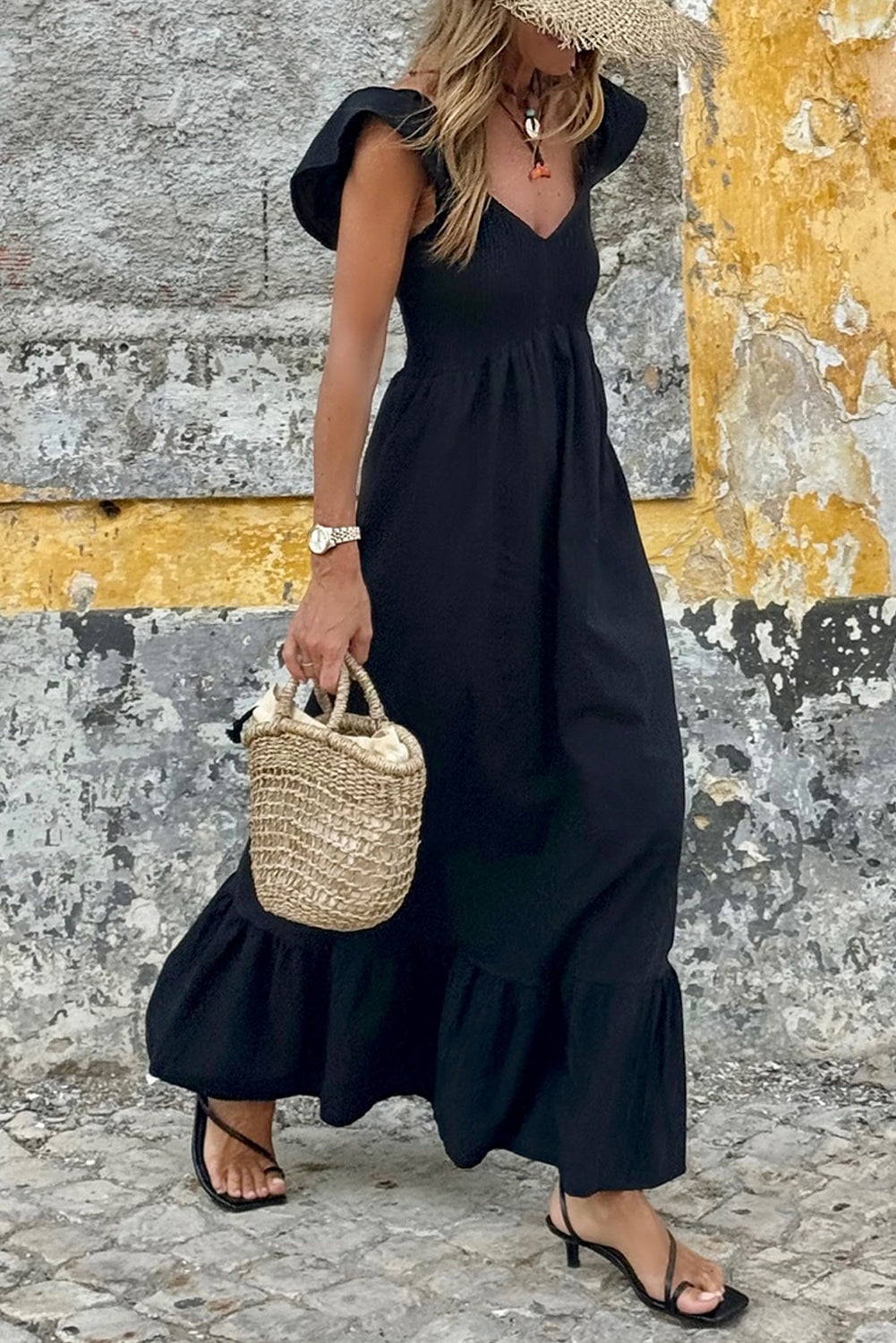 V-Neck Flutter Sleeve Smocked High Waist Ruffle Maxi Dress with Pockets Black / XL / 100%Cotton