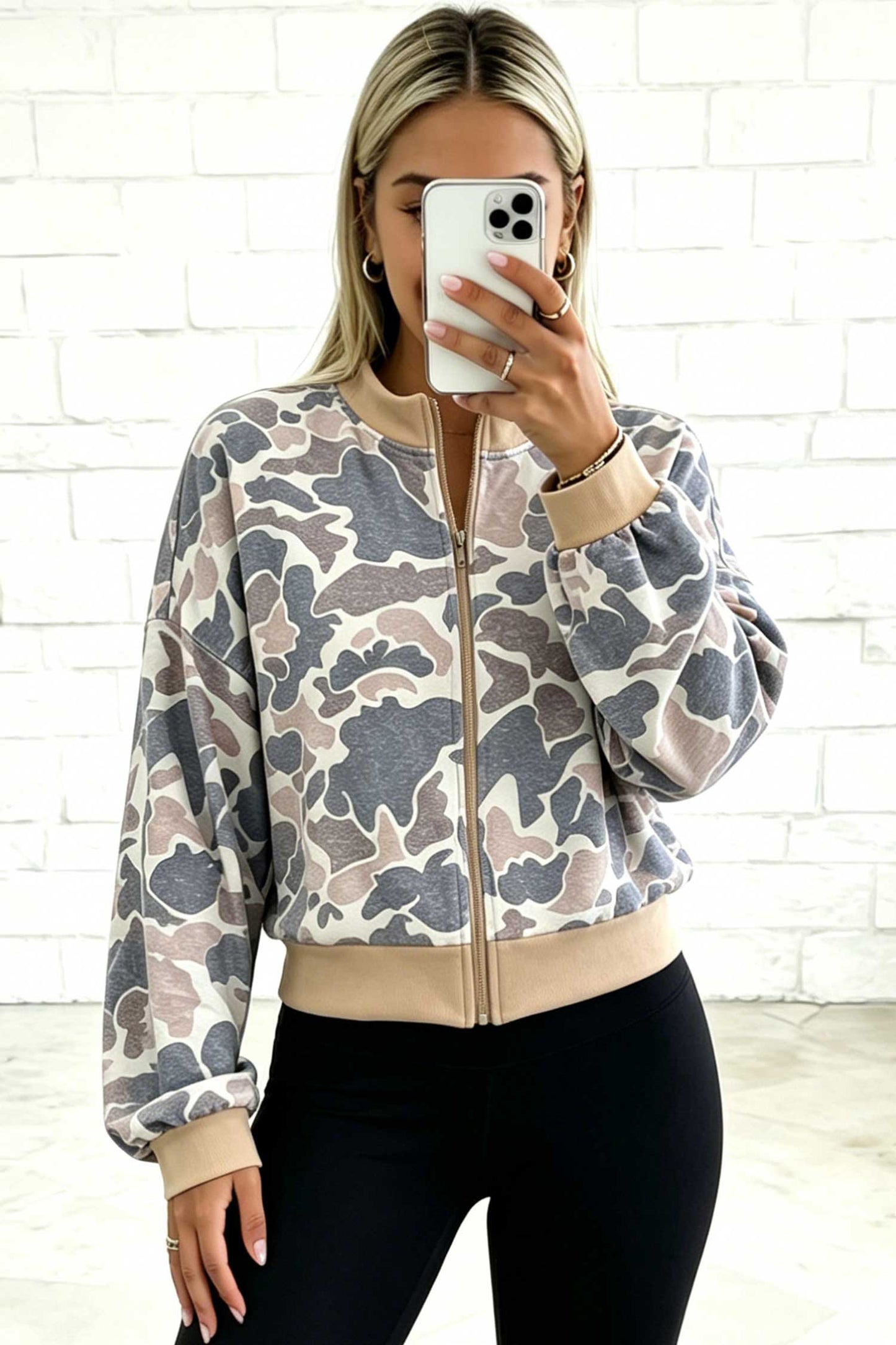 Multicolour Camouflage Print Color Block Trim Zip Bomber Sweatshirt