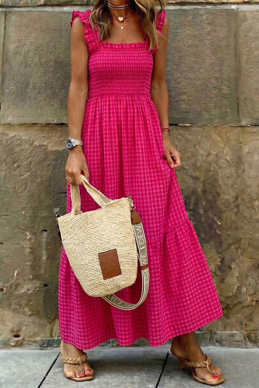 Red Plaid Square Neck Fit-and-flared Vacation Sundress