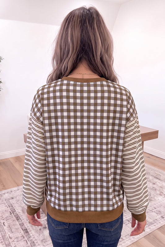 Brown Plaid Striped Patchwork Long Sleeve Casual Top