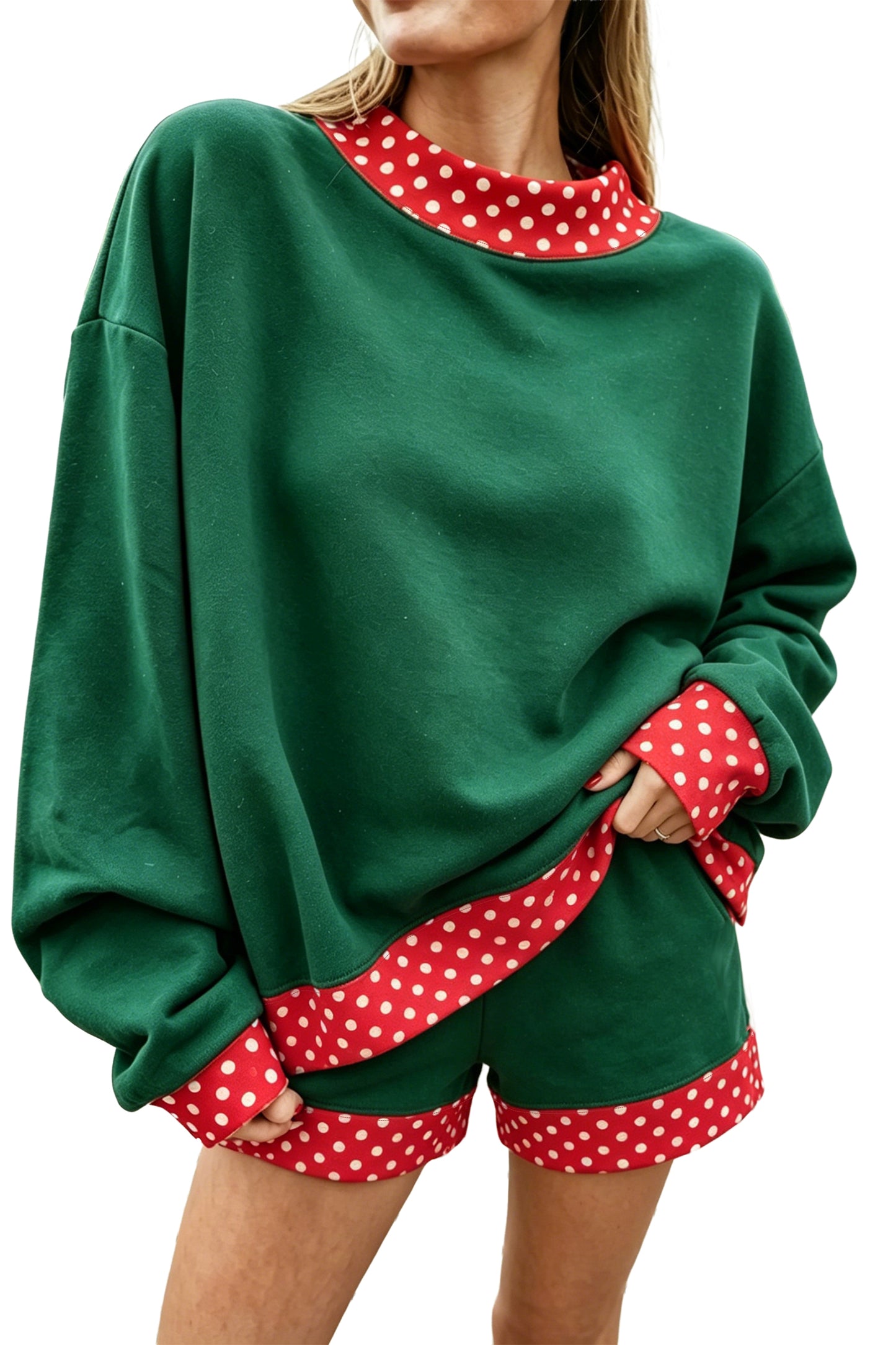 Evergreen Polka Dot Trim Baggy Pullover 2pcs Short Set