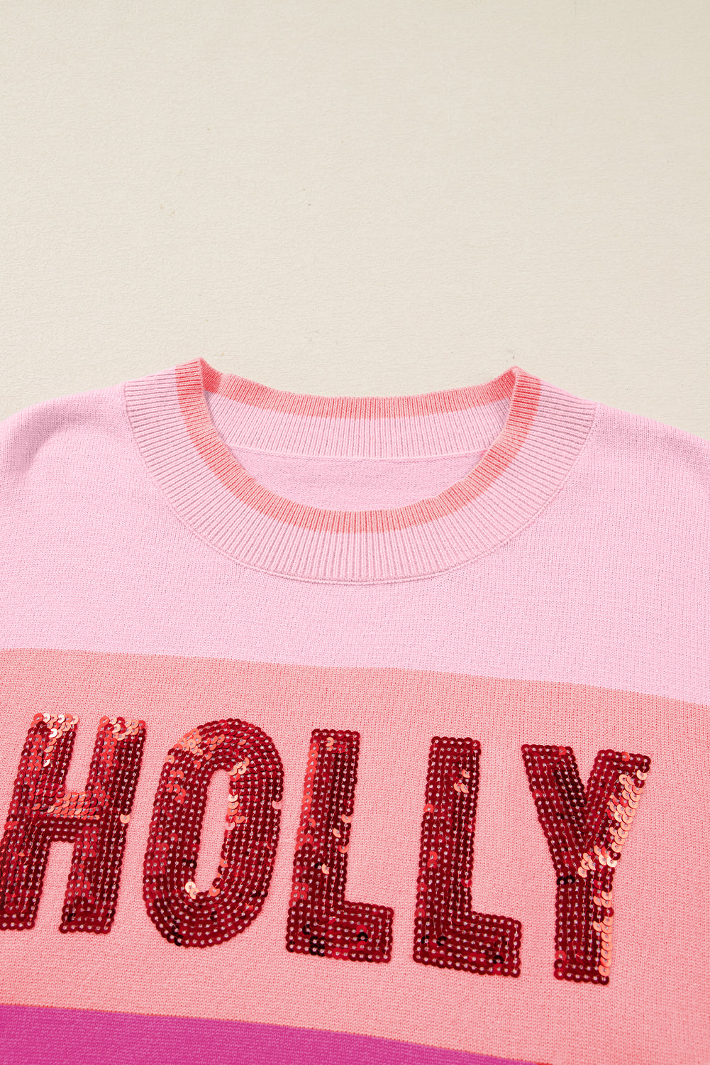Pink Sequined HOLLY JOLLY Color Block Crew Neck Sweater