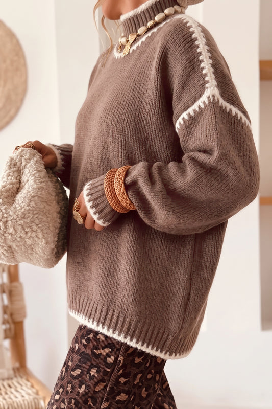Dark Khaki Contrast Trim Mock Neck Drop Shoulder Relaxed Sweater