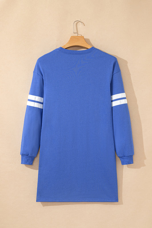 Sky Blue Varsity Contrast Banded Sleeve Shift Sweatshirt Dress
