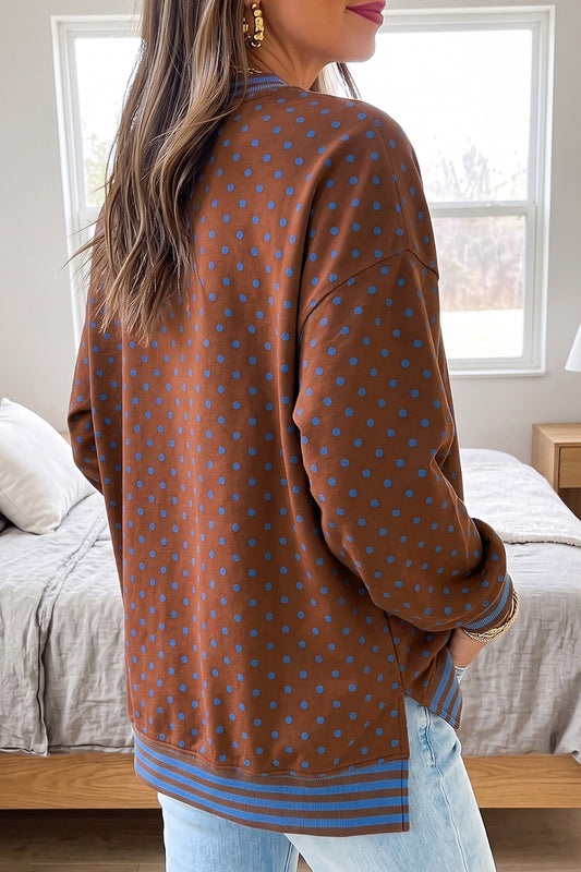 Brown Polka Dot Striped Trim Split Hem Casual Tunic Pullover Sweatshirt