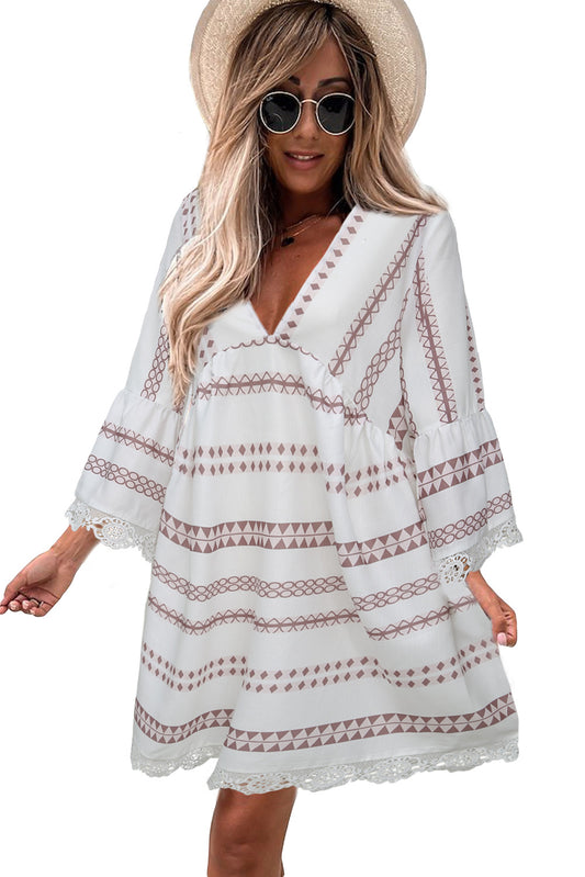Khaki Vintage Print V Neck Lace Stitching Loose Dress
