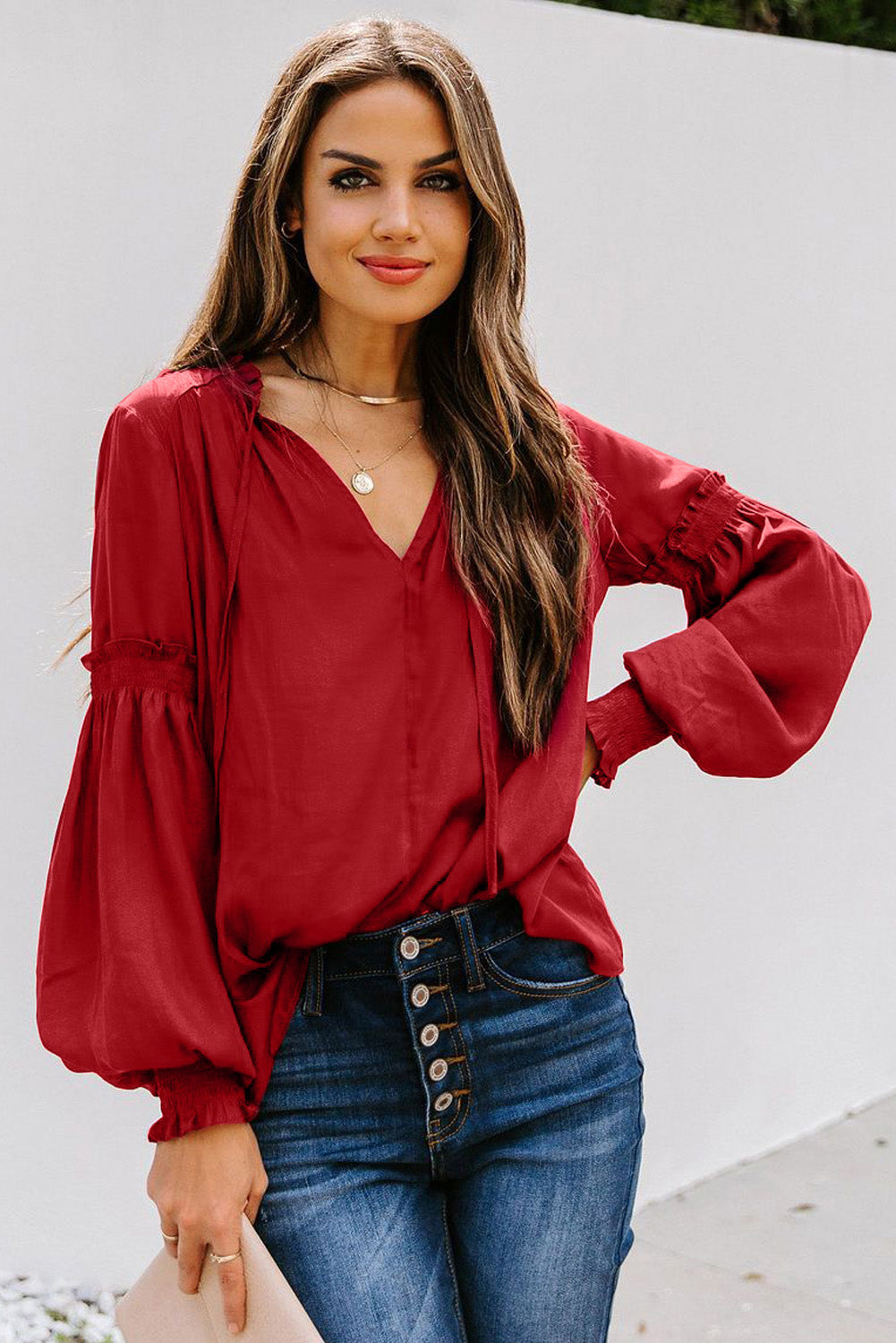 Satin V-neck Lantern Sleeve Drawstring Blouse