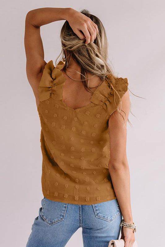 Top sin mangas de tejido Swiss Dot con tirantes con volantes