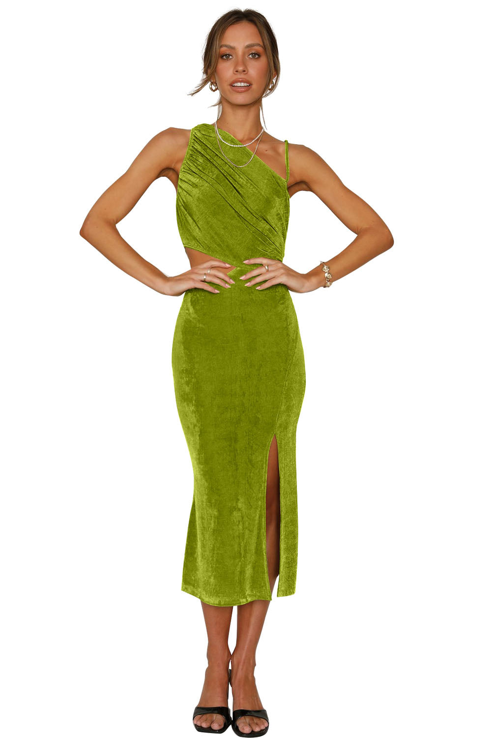 Velvet One Shoulder Sleeveless Cut out Sheath Midi Dress