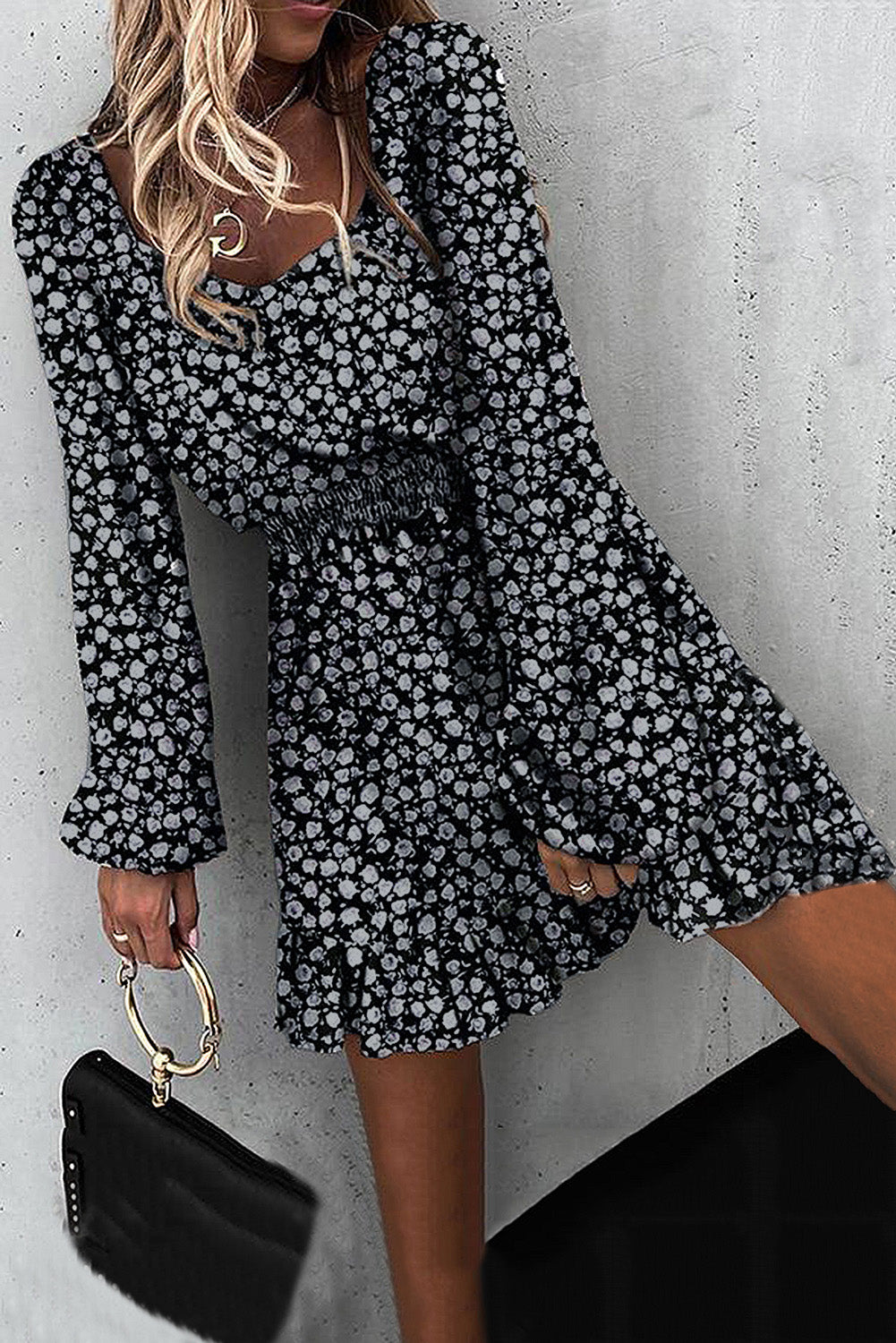 Graceful Elastic Waist Ruffled Floral Dress