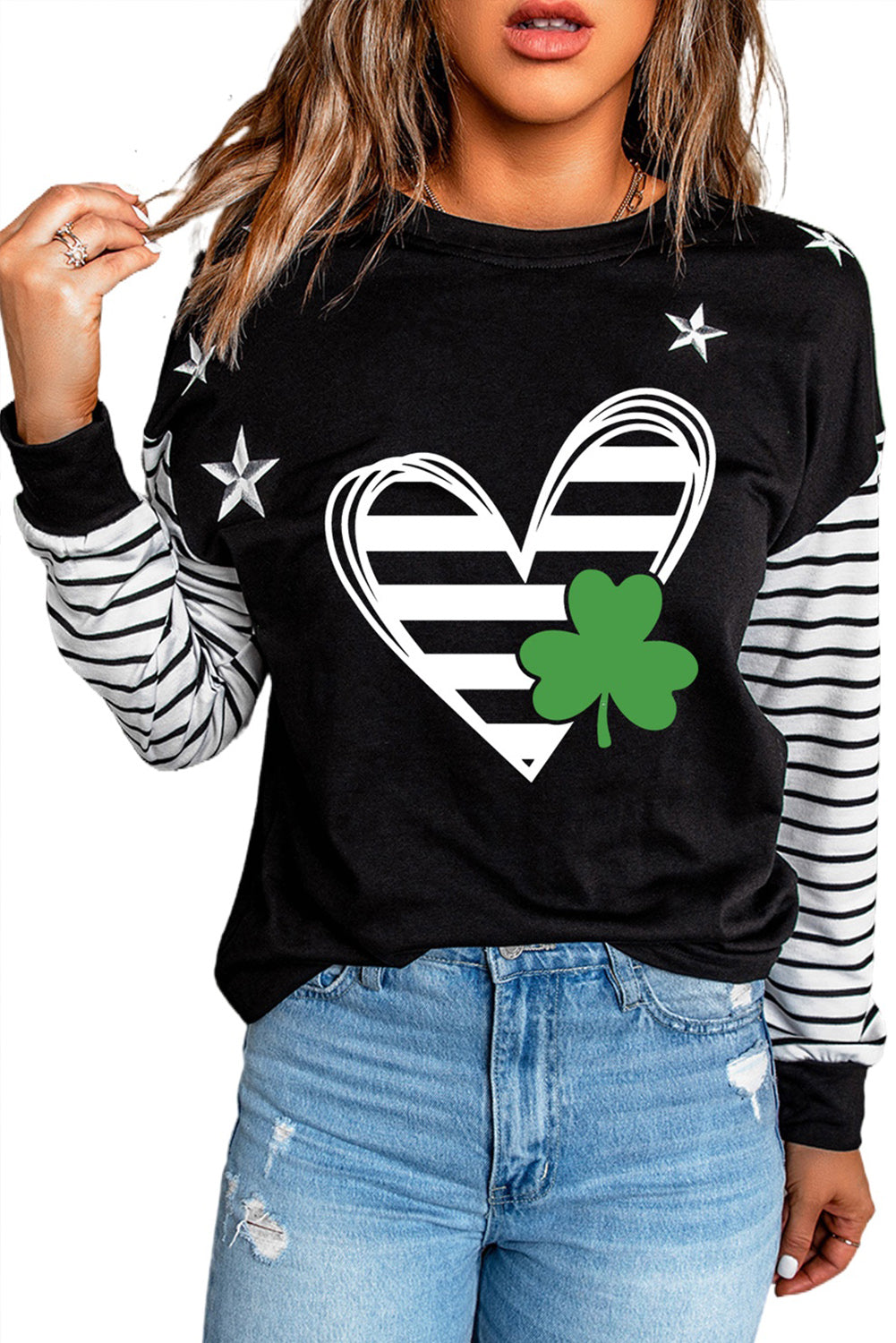 Striped Star Print Patchwork Long Sleeve Top
