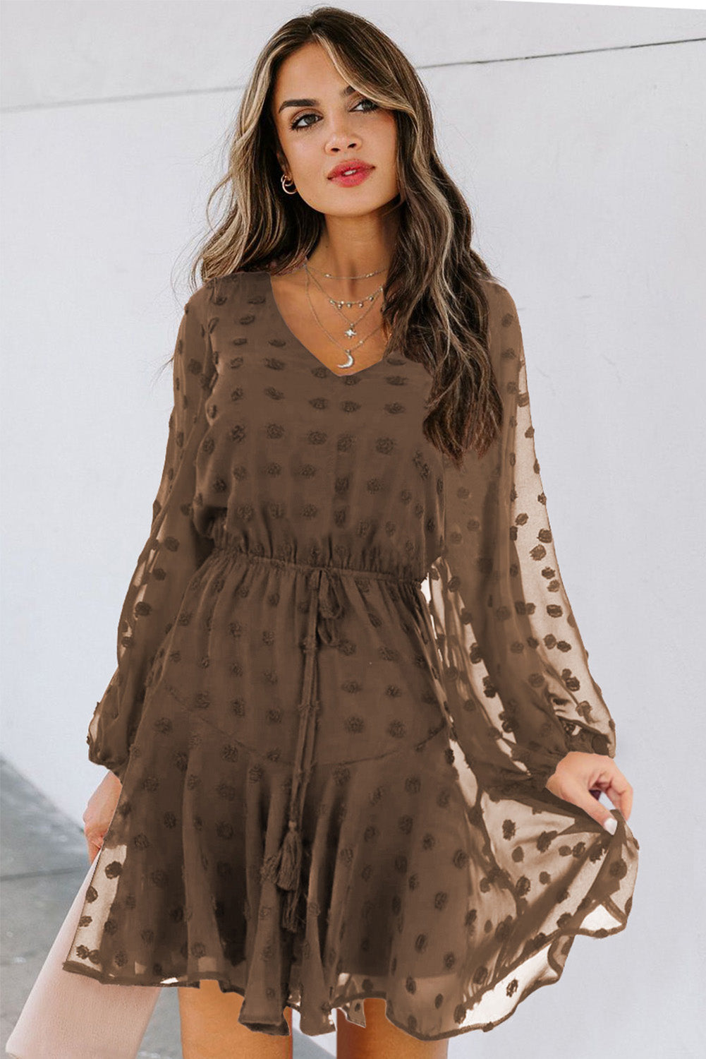 knee length dresses for ladies Floral Long Sleeve Tie Neck Dress main image 0