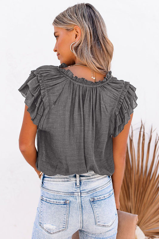 Tiered Ruffled Drawstring V Neck Top