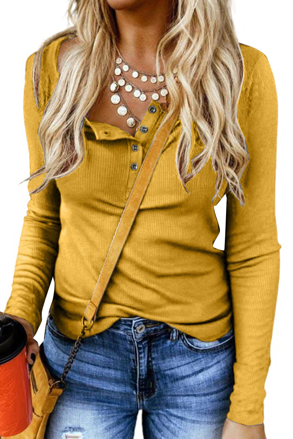 Haut slim côtelé uni avec bouton