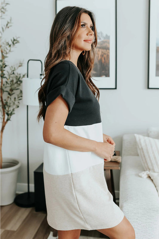 Triple Color Block Rolled Short Sleeve Mini Dress