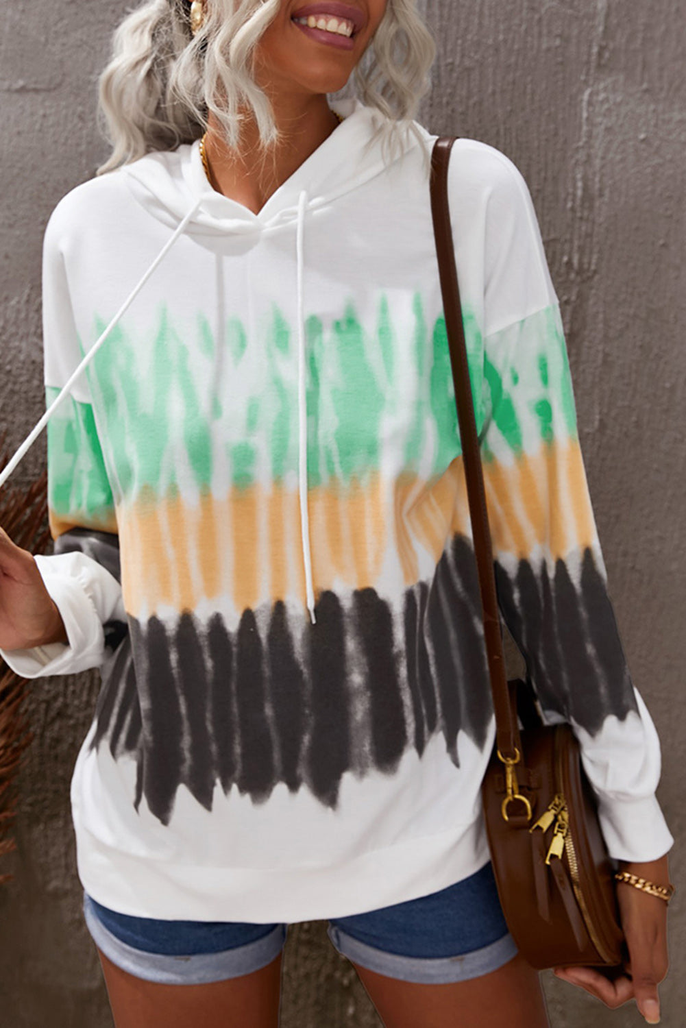 Multicolor Colorblock Tie-dye Drawstring Pullover Hoodie