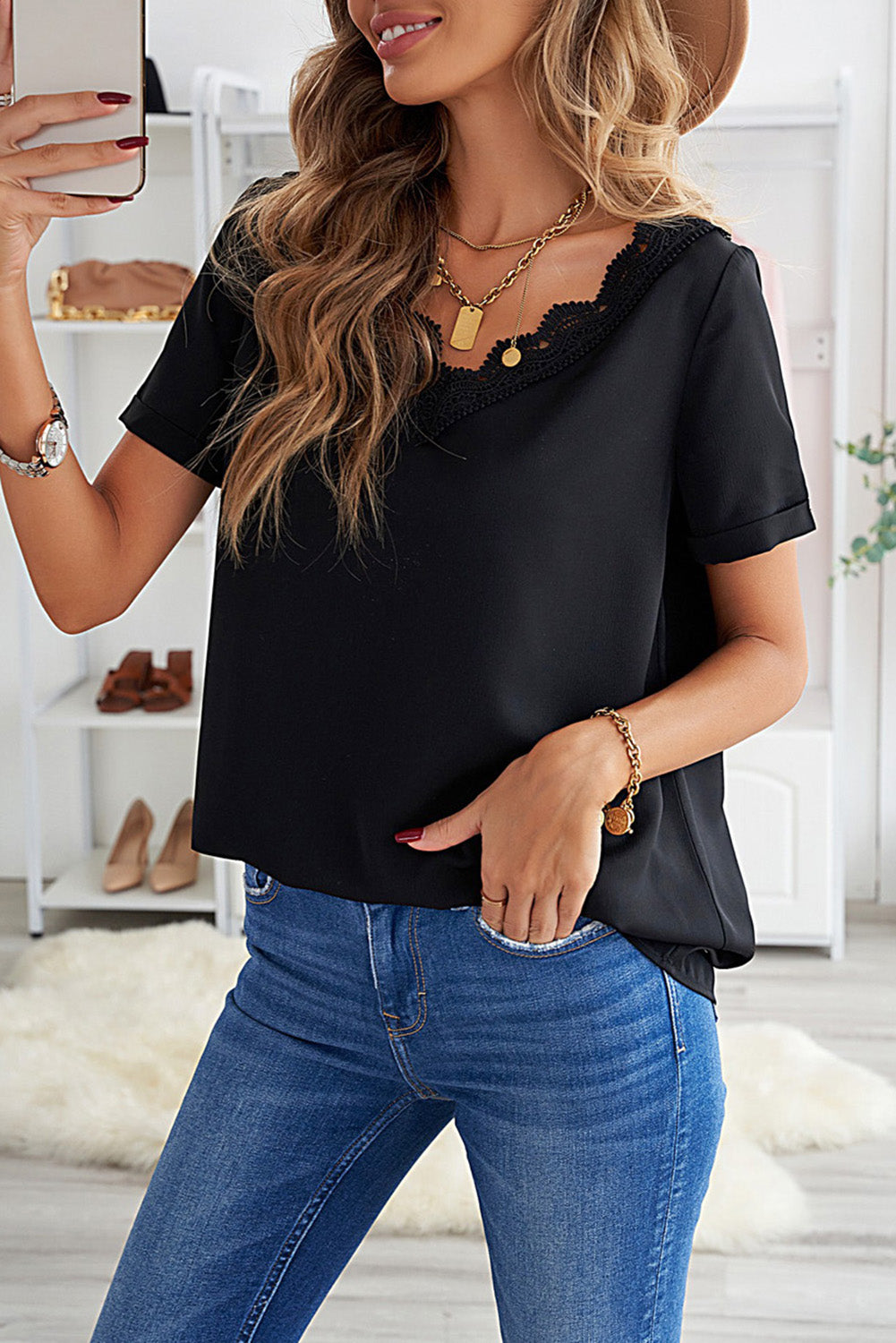 Wine Lace V Neck Short Sleeve T-shirt