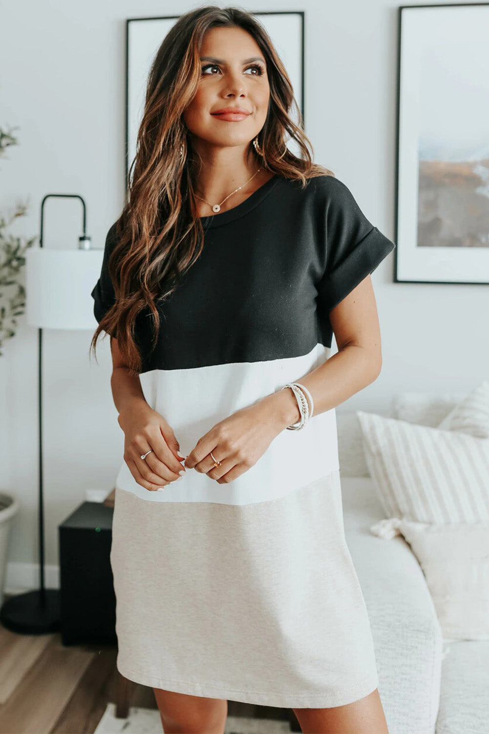 Triple Color Block Rolled Short Sleeve Mini Dress