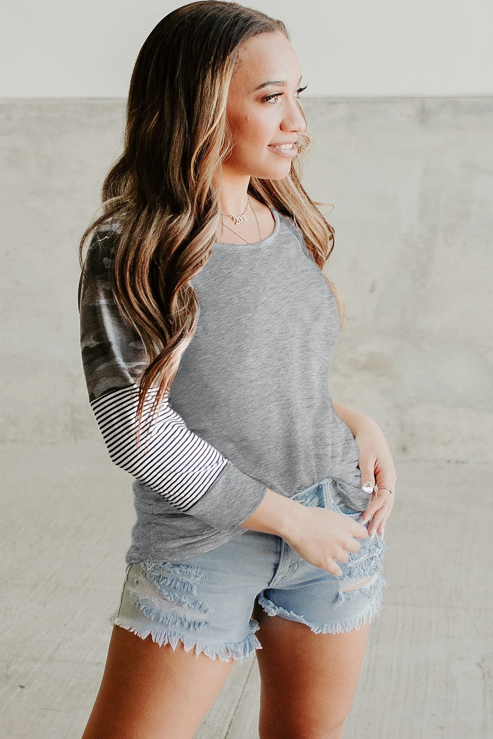 Round Neck Raglan Sleeve Camo Striped Patchwork Top