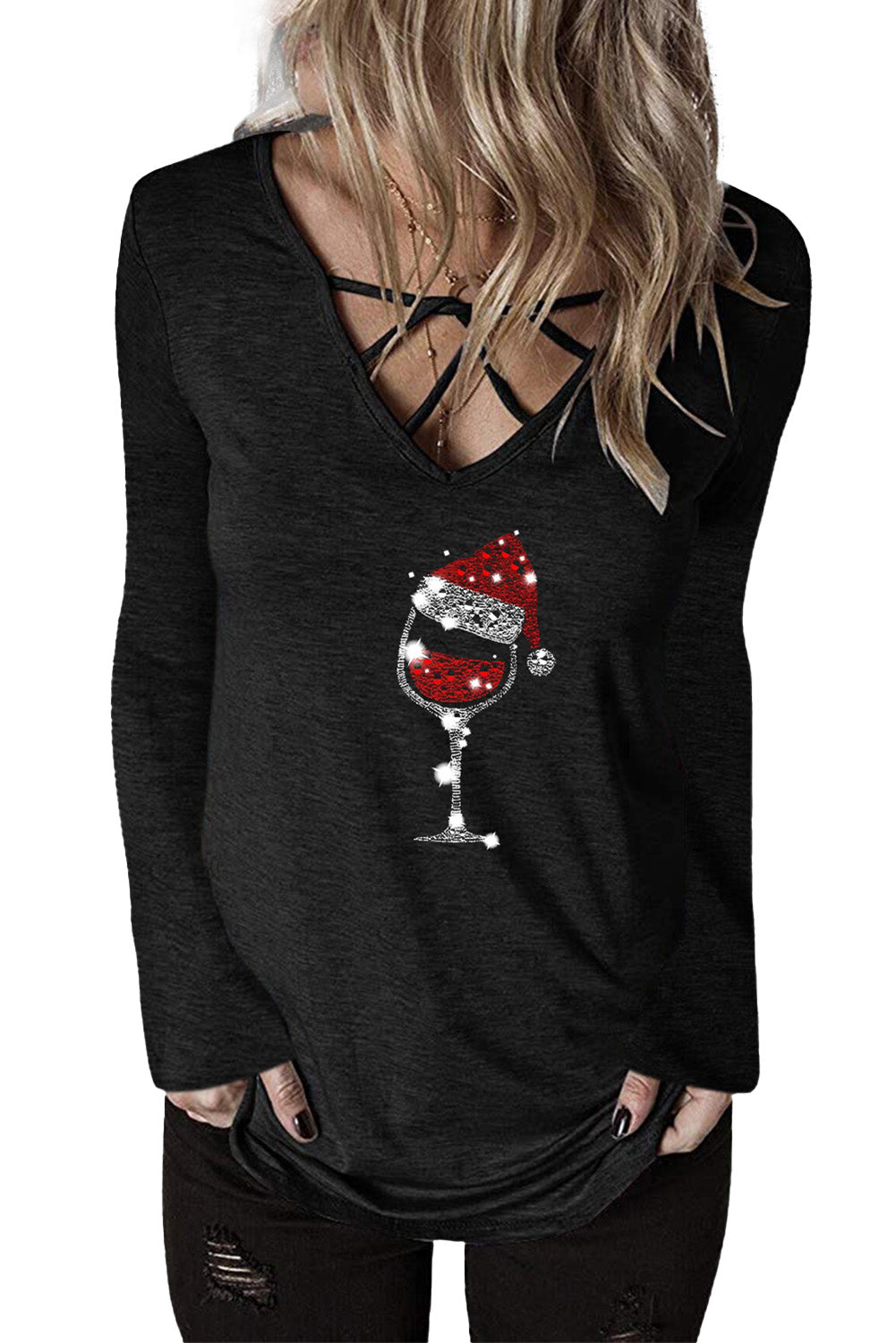 Top de manga larga con cuello en V entrecruzado