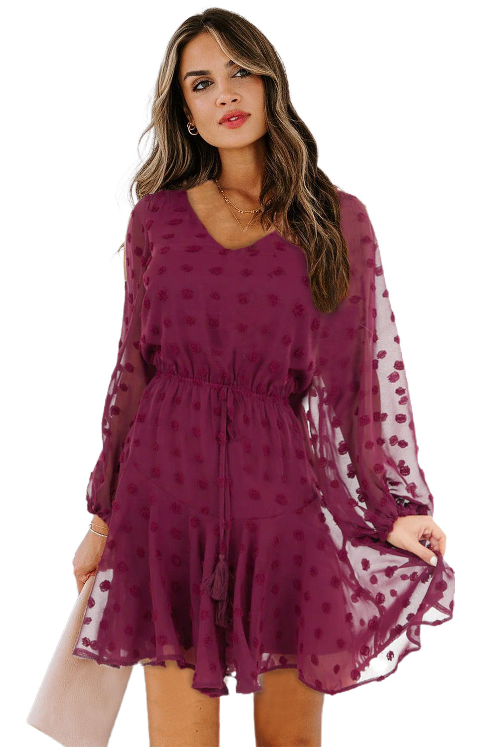 Mini-robe à manches longues et à pois suisses avec lien à la taille