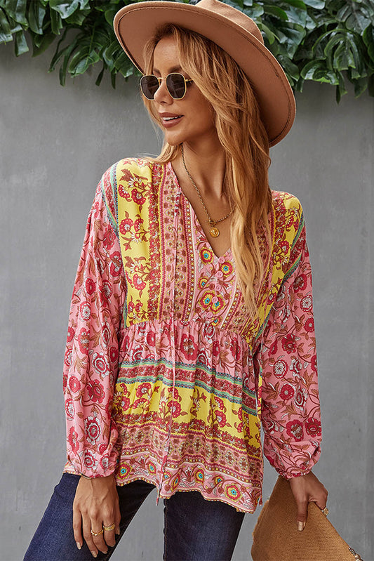 Blusa suelta con cuello en V y cordón con estampado floral