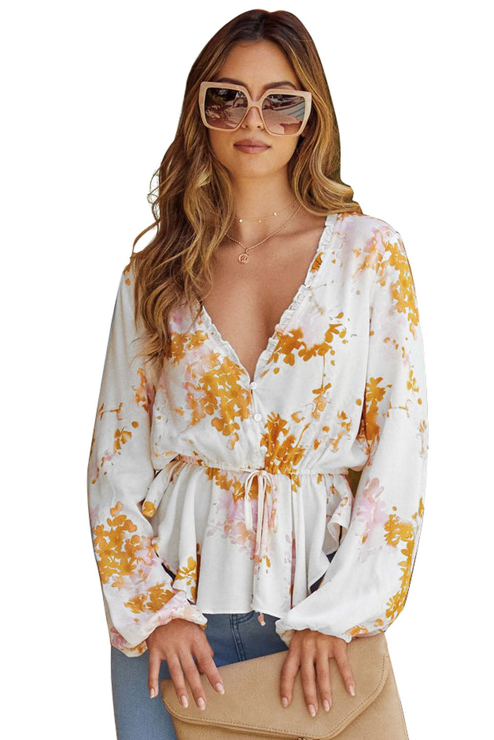 Blusa floral con cuello en V y volantes en la cintura con manga de burbuja