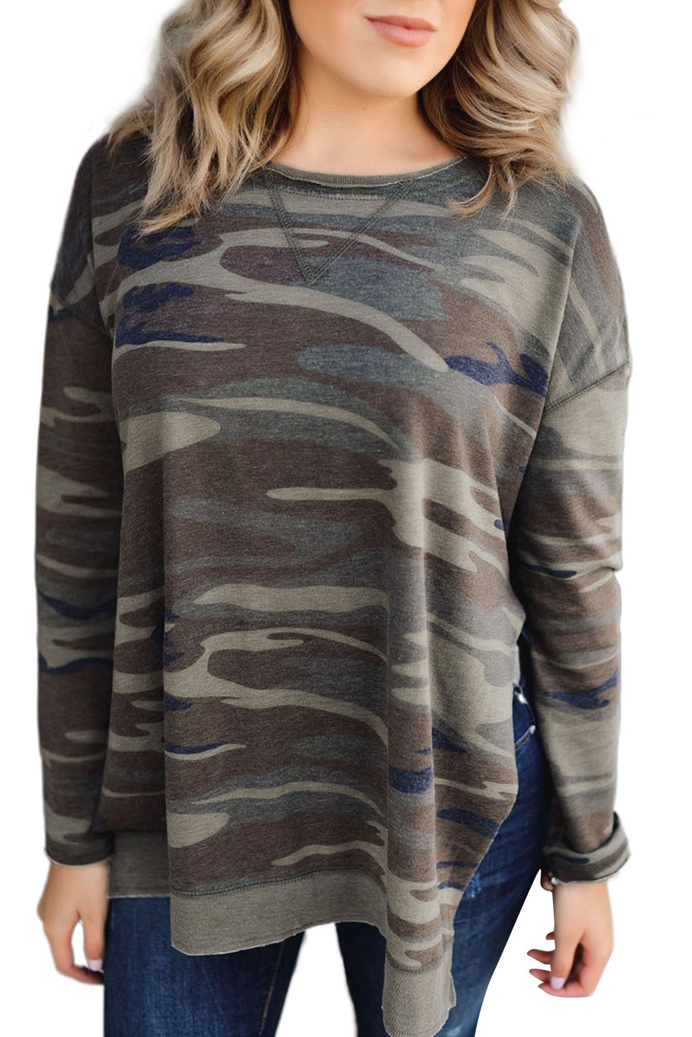 Sweat-shirt oversize à imprimé camouflage et fentes latérales avec ourlet asymétrique