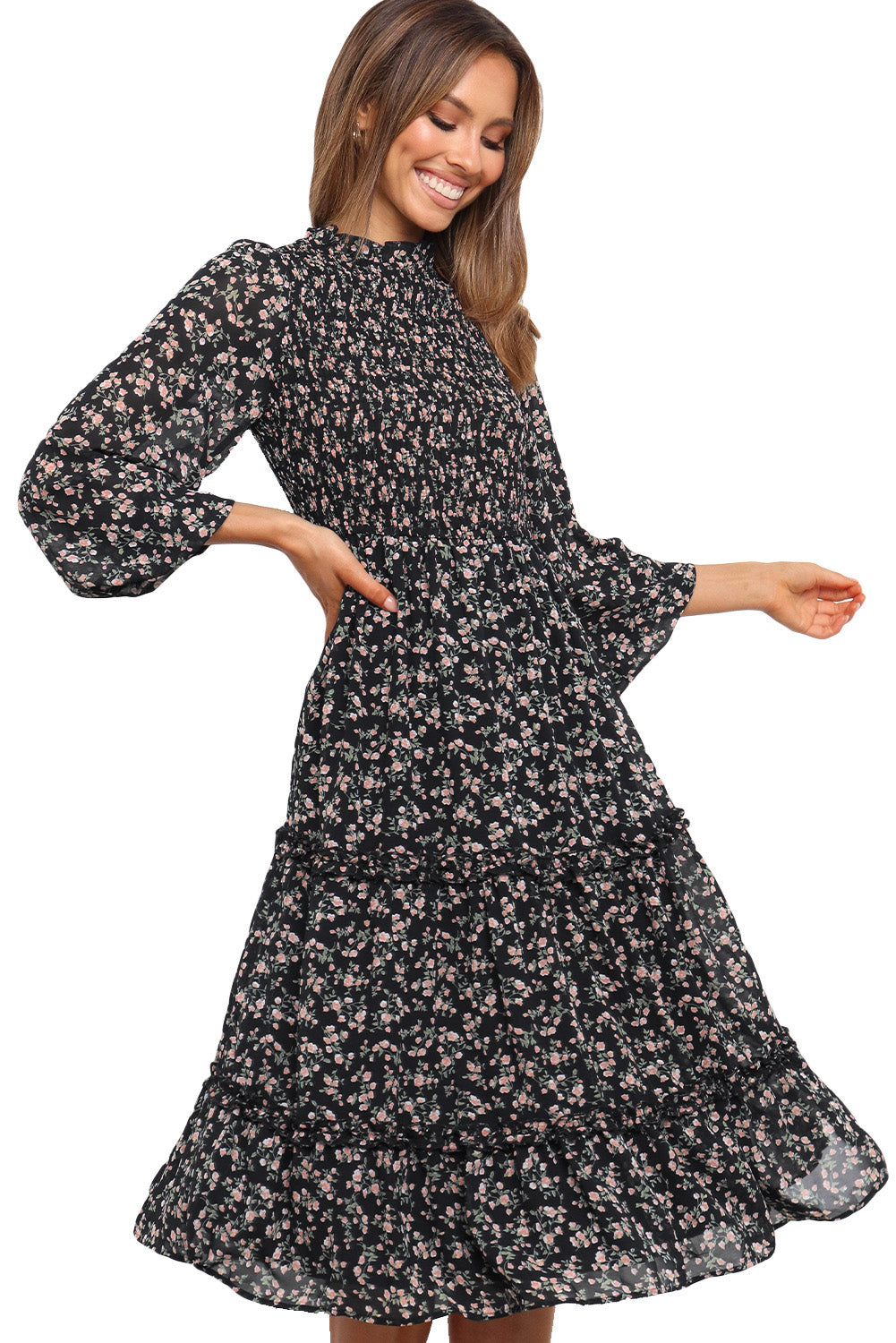 Robe fleurie à volants et manches lanternes