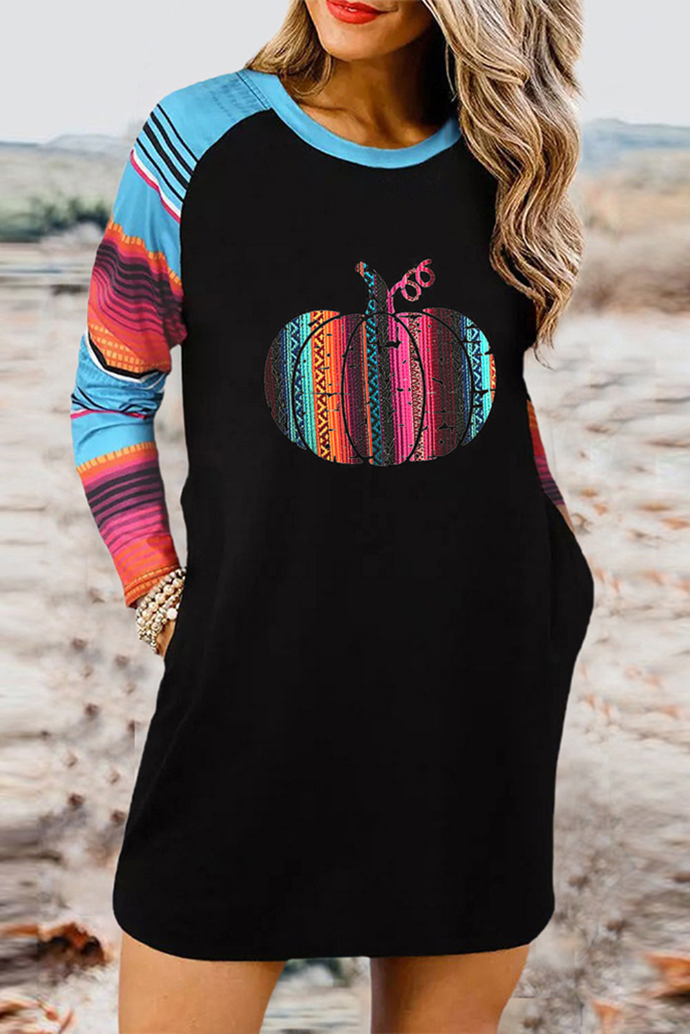 Mini vestido de manga larga de empalme de rayas de calabaza de Halloween