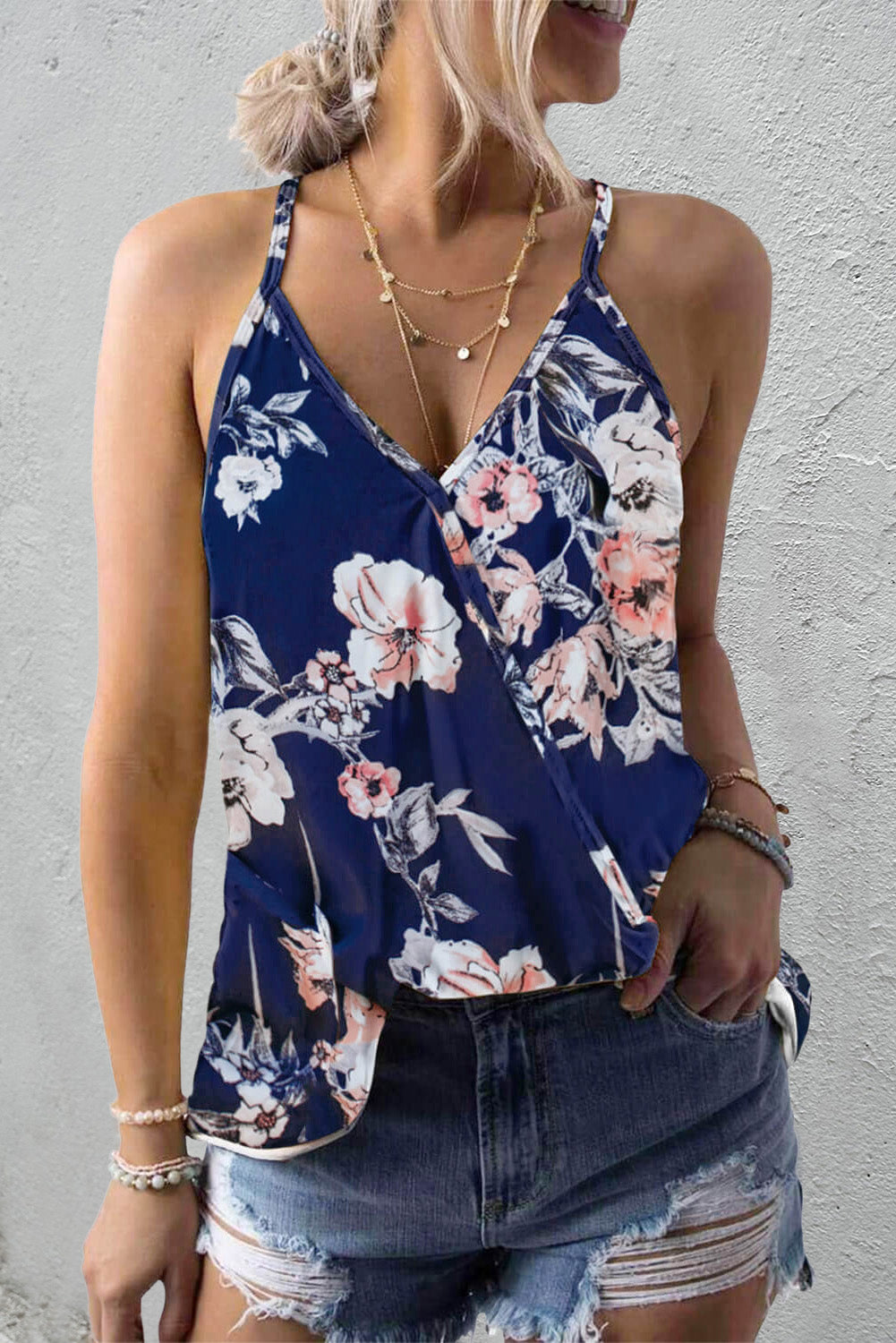 Camiseta sin mangas con estampado de plantas tropicales