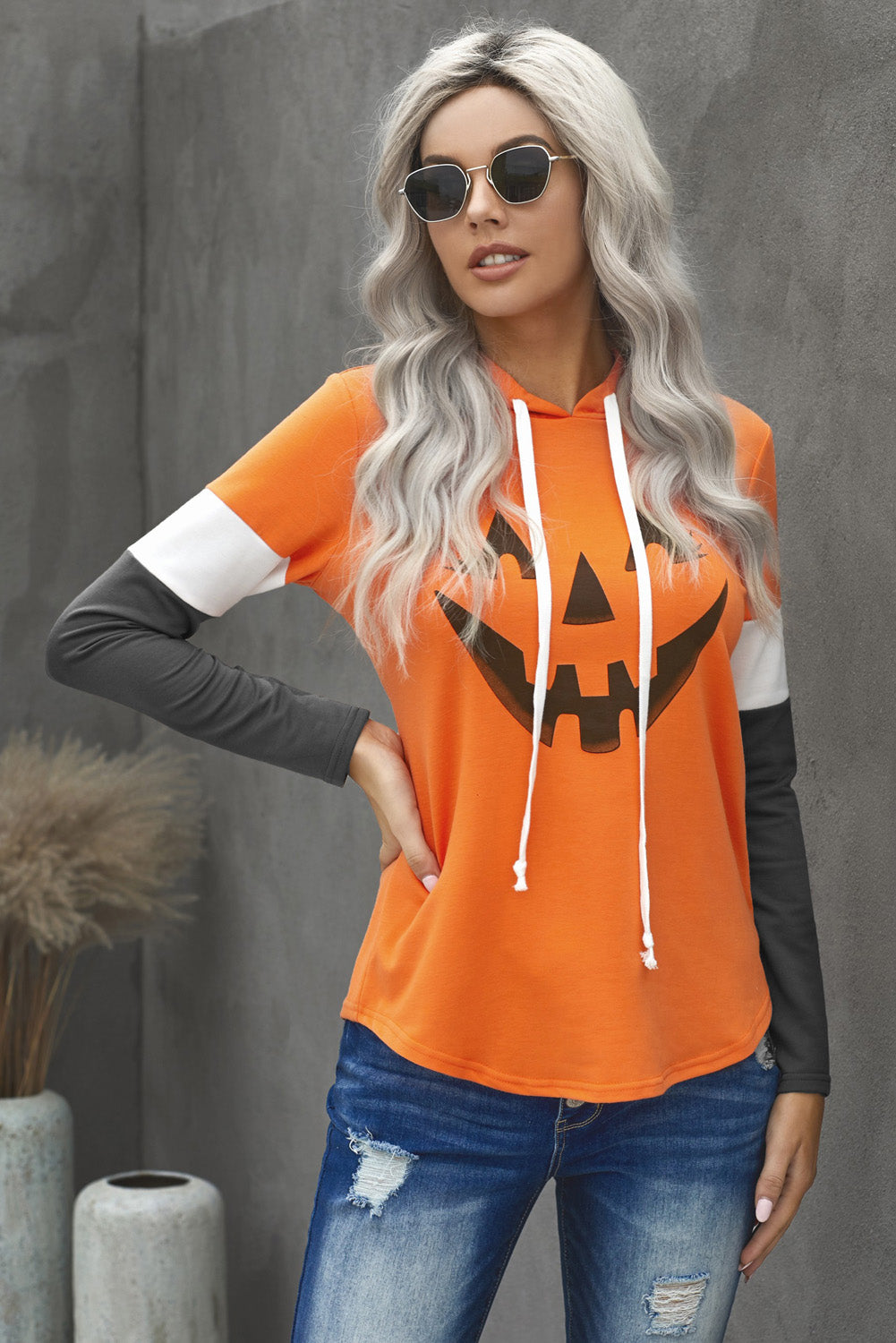 Sweat à capuche imprimé citrouille d'Halloween en charbon de bois