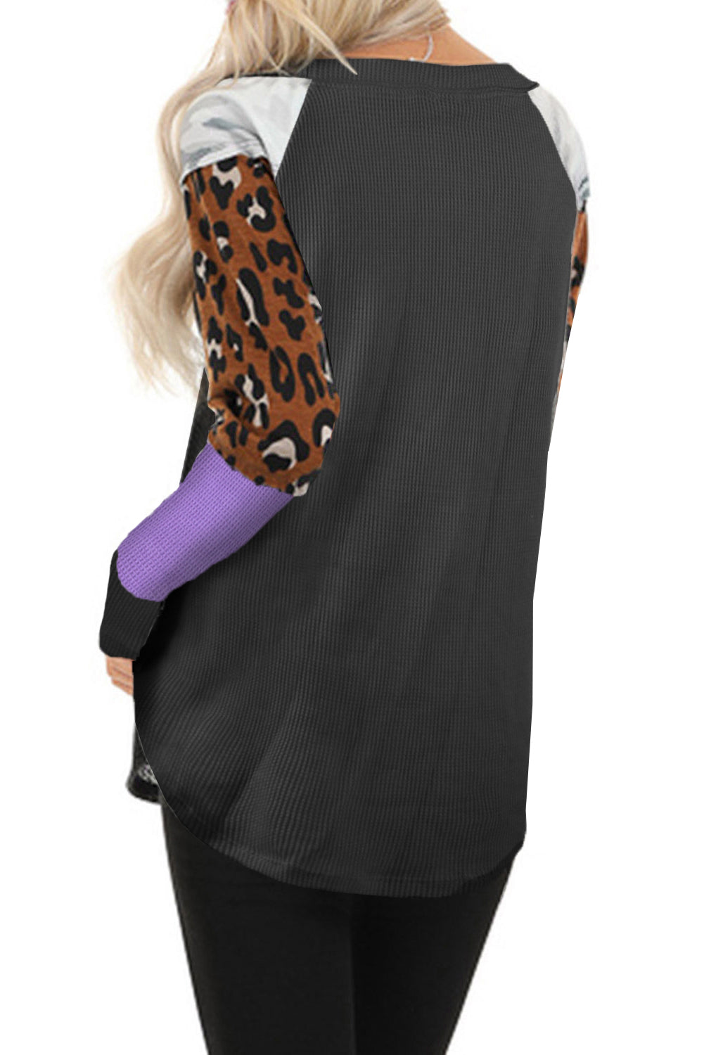 Multi Print Color-block Sleeves Waffle Knit Top