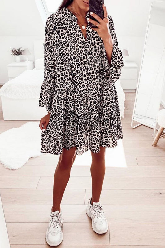 Print V neck Ruffle Swing Mini Dress