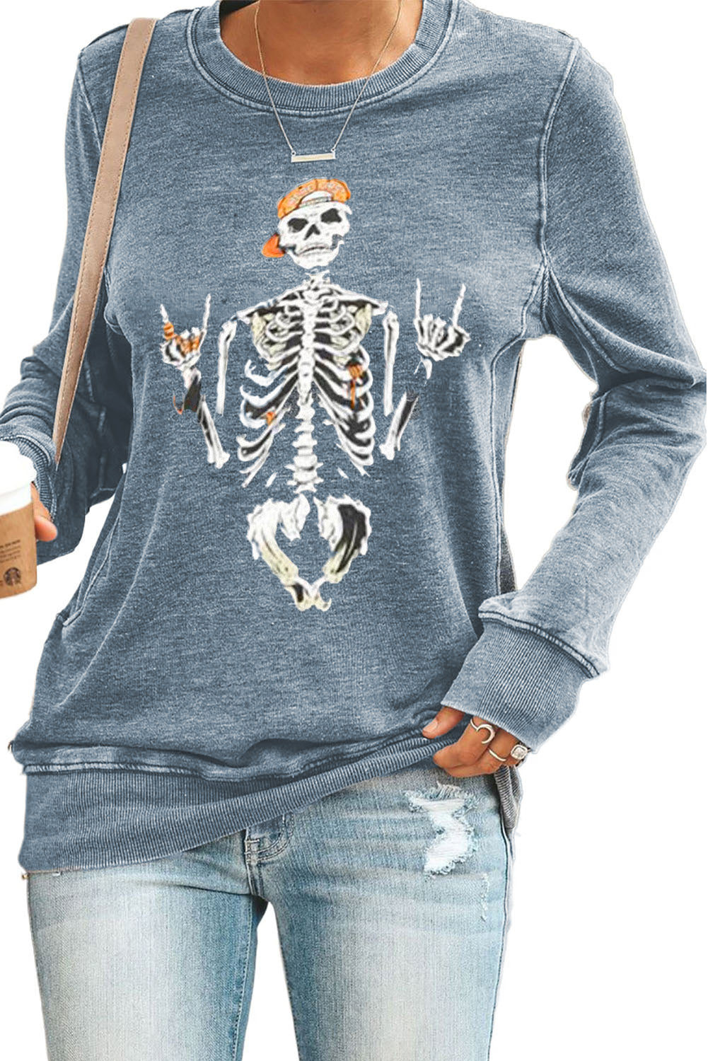 Funny Skeleton Print Round Neck Halloween Sweatshirt