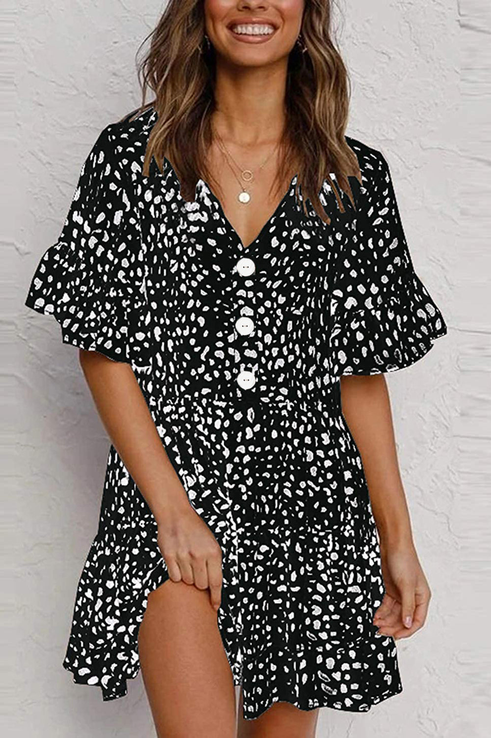 V Neck Ruffled Mini Dress with Buttons