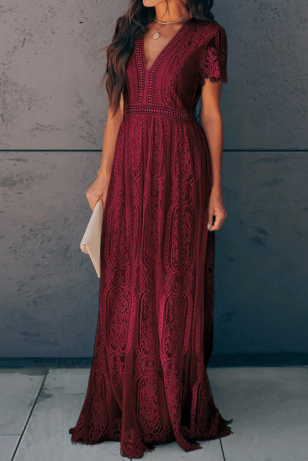 Burgundy Deep V Neck Short Sleeve Lace Maxi Dress – HannaBanna