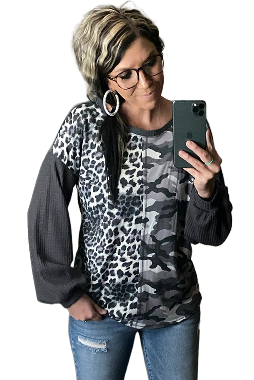 Leopard&Camo Splicing Waffle Knit Top