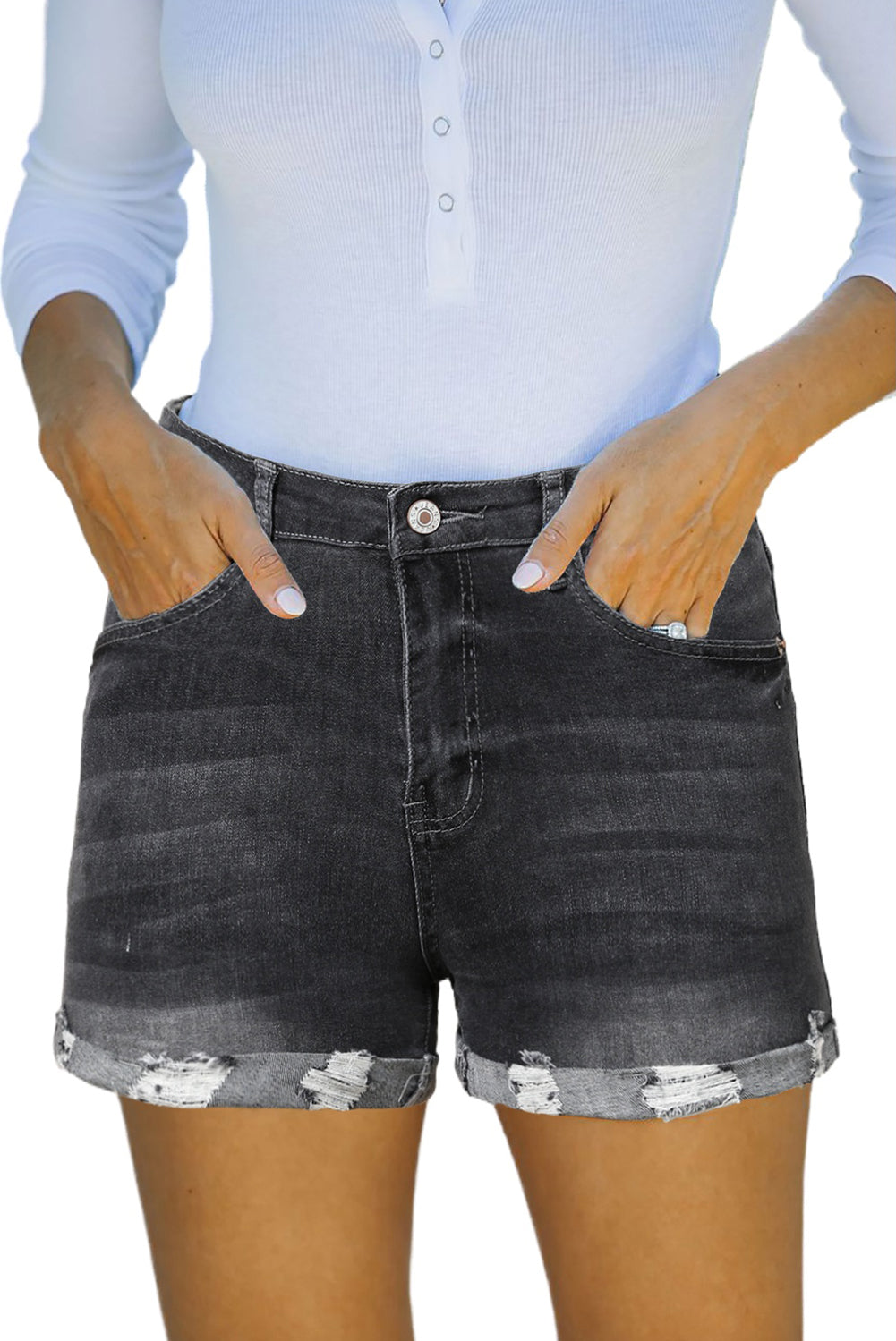 High Rise Cuffed Denim Shorts
