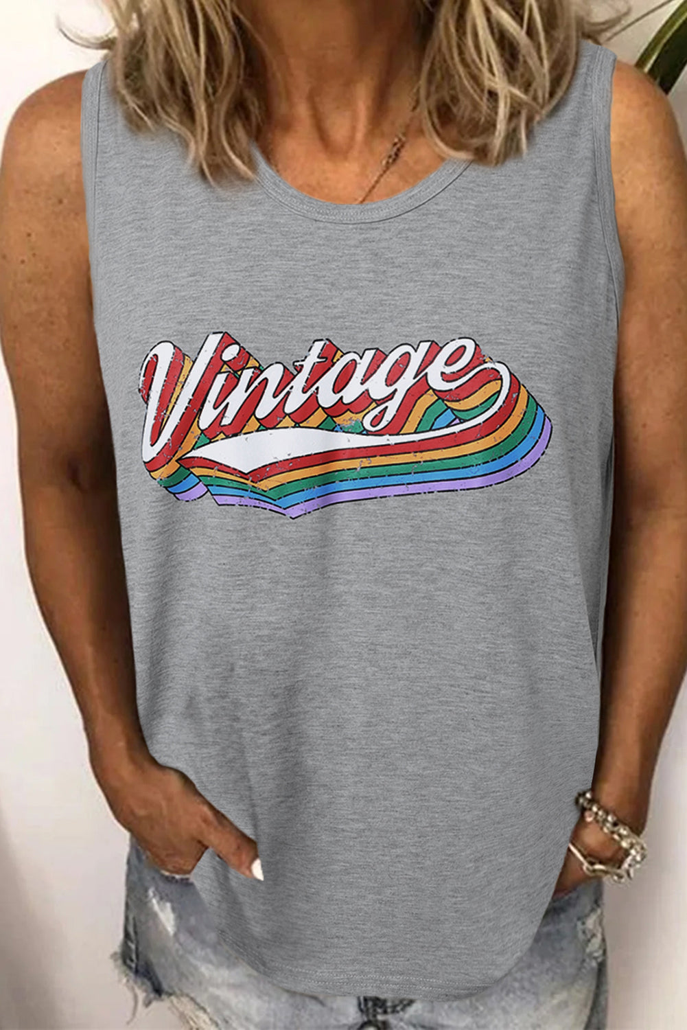 Camiseta sin mangas con cuello redondo y gráfico vintage