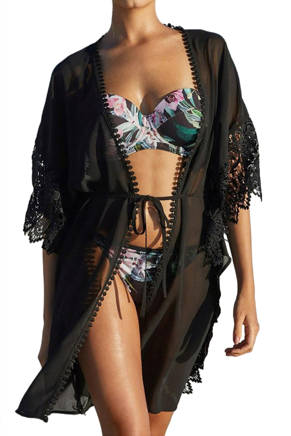 Lace Patchwork Pom Pom Trim Lace-up Open Front Kimono