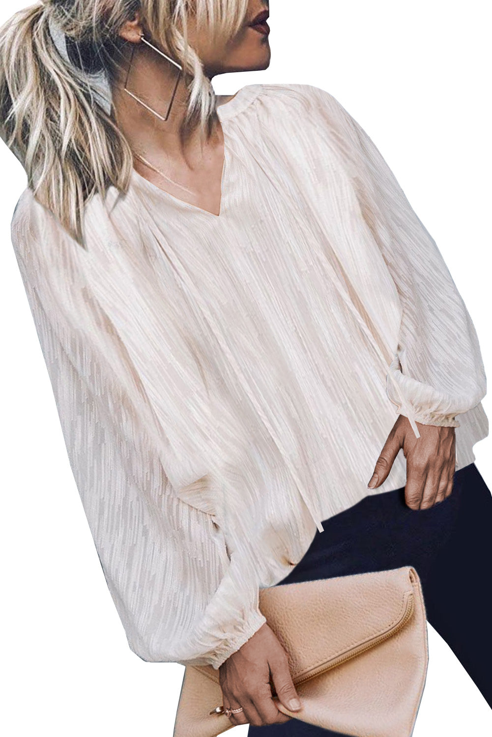 V Neck Lantern Sleeve Textured Solid Top