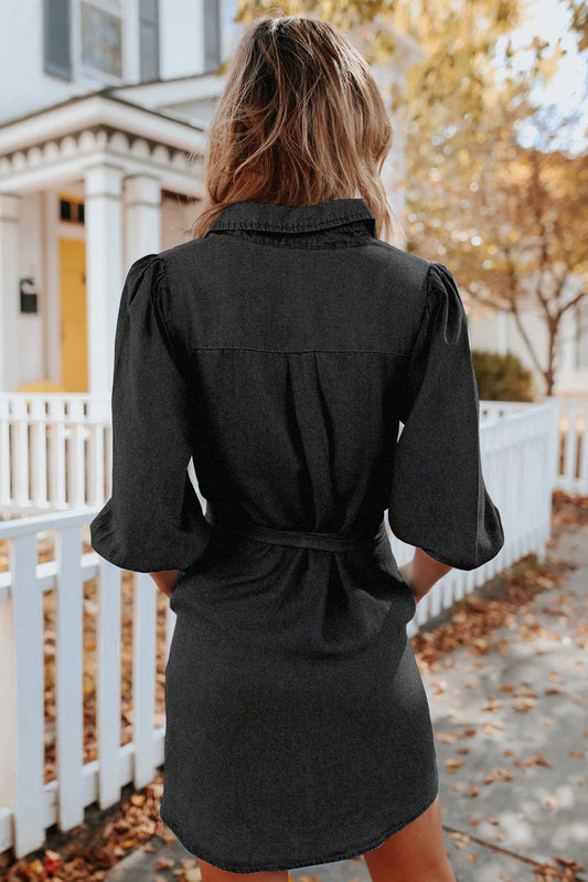 Buttoned Tie Waist Denim Shirt Mini Dress