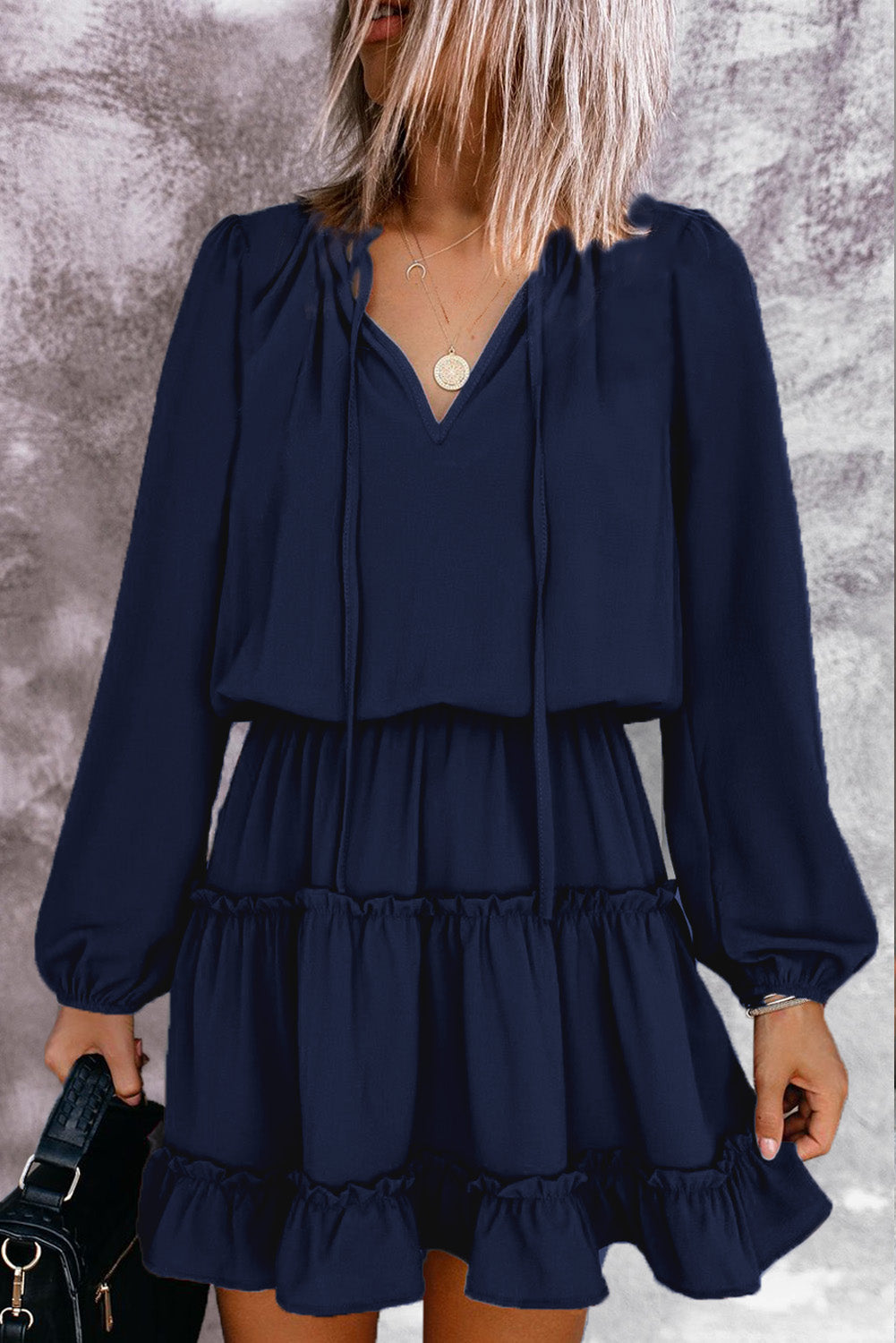long-sleeve ruffle tiered mini dress V Neck Long Sleeve Ruffle Tiered Mini Dress Sky Blue / L / 95%Polyester+5%Spandex