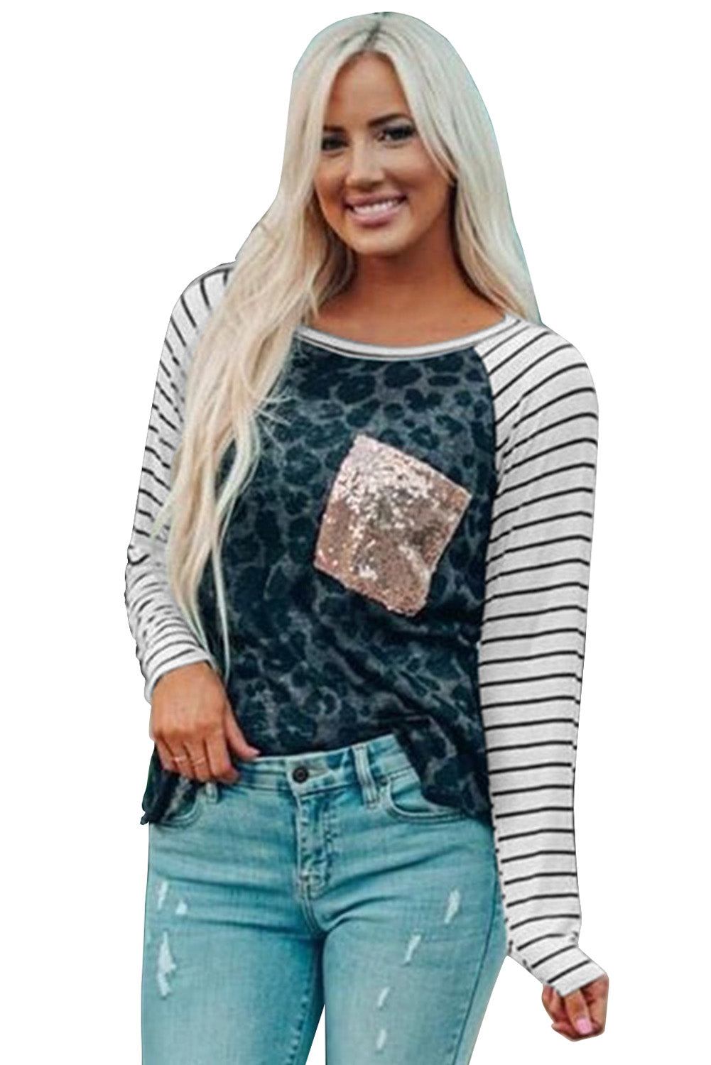 Top de manga a rayas con panel de leopardo negro con bolsillo de lentejuelas
