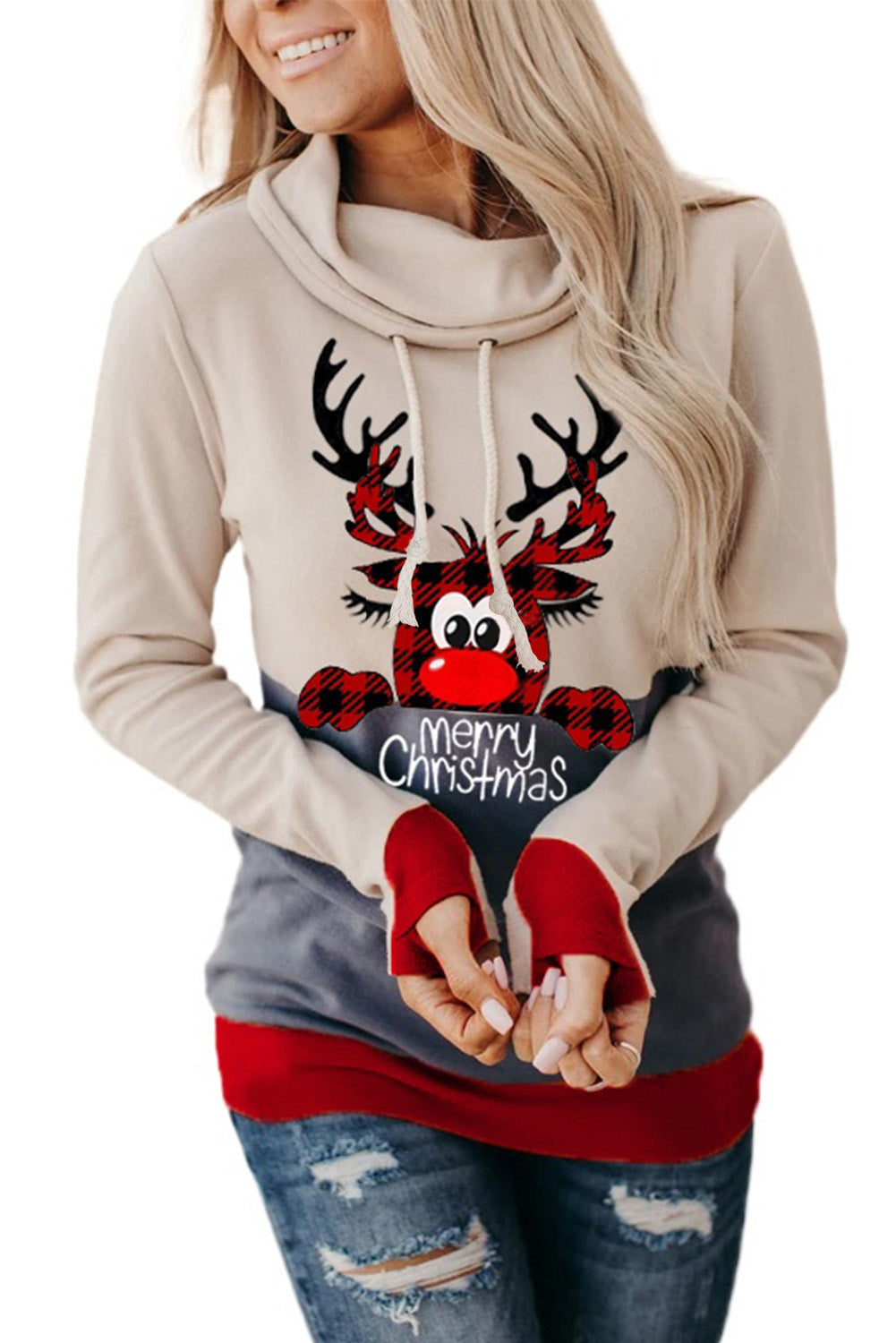 Sudadera con capucha navideña con estampado de alces en beige y orificio para el pulgar