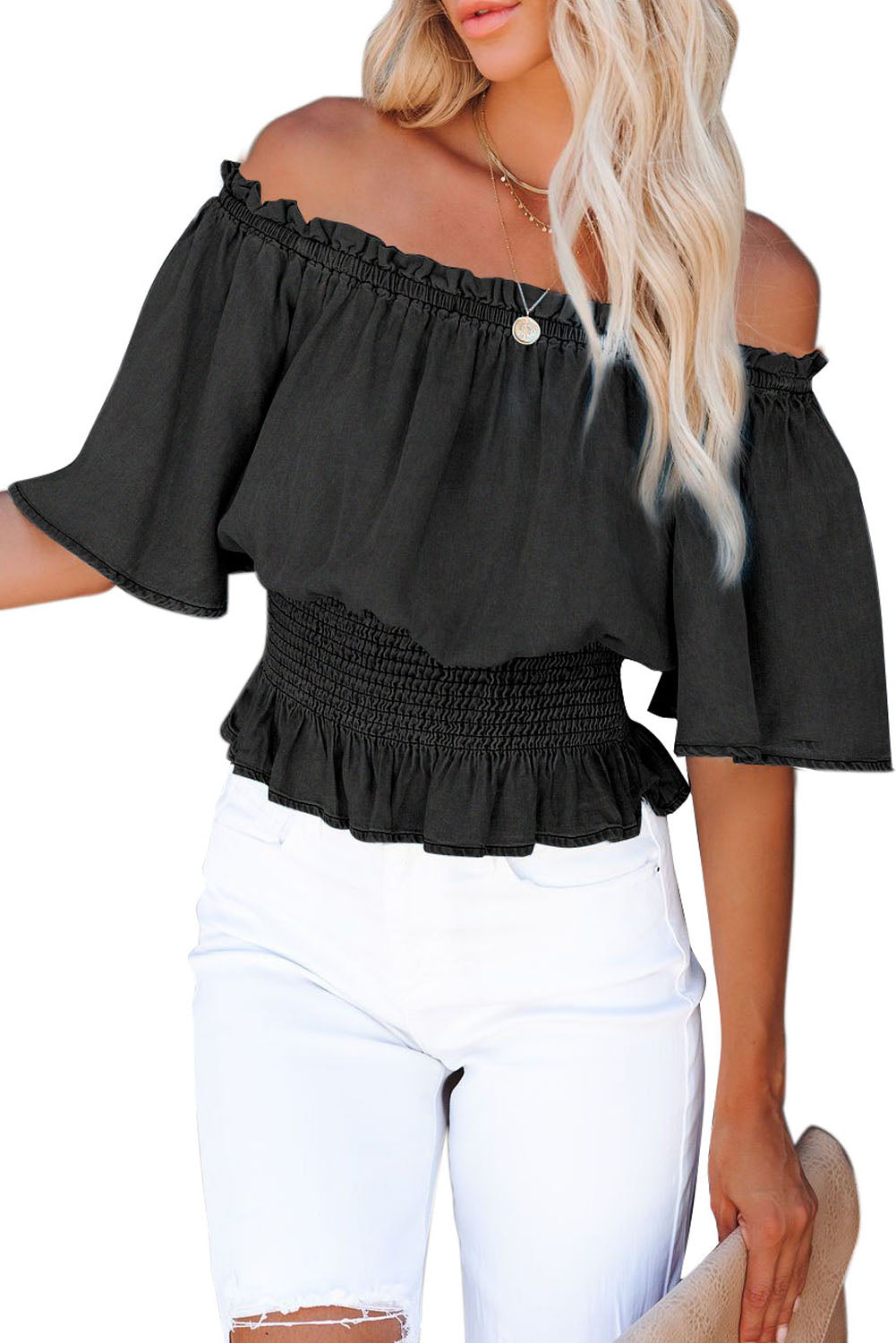 Top con hombros descubiertos y cintura fruncida